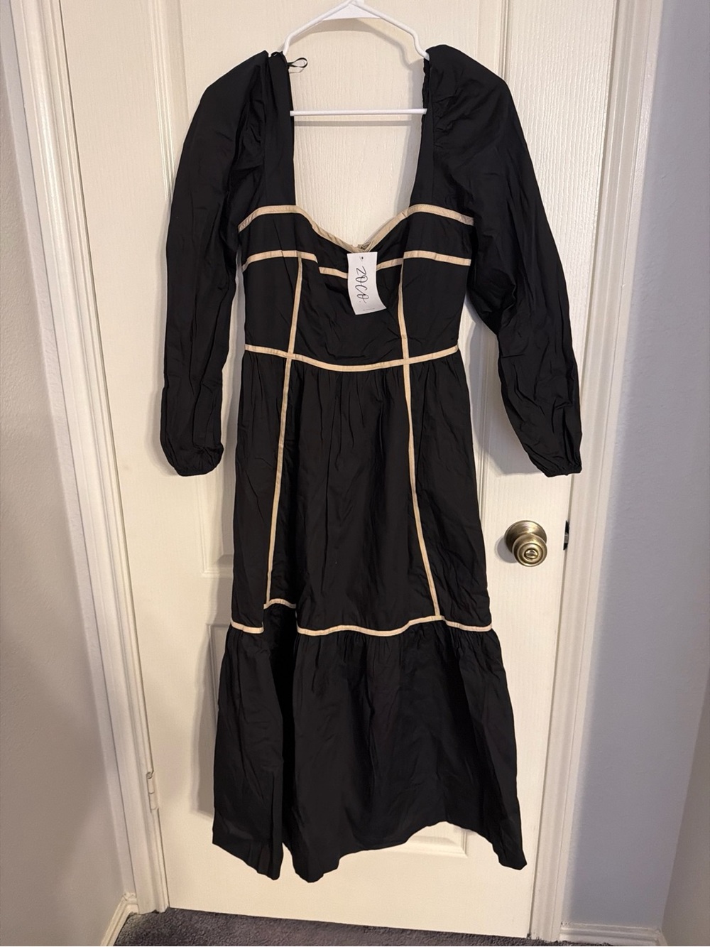ZOCO Black Long-Sleeve Maxi Dress, Cream Contrast Piping — Medium, New